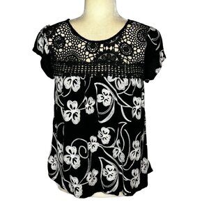 LIV Los Angeles Boho Blouse Small Embroidered BLack White Crochet Festival